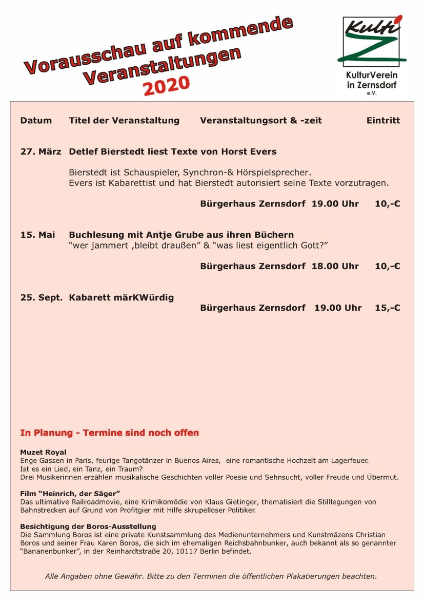 Vorrauschau auf Veranstaltungen des Kulturverein Zernsdorf e.V. - "KultiZ"